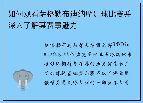 如何观看萨格勒布迪纳摩足球比赛并深入了解其赛事魅力